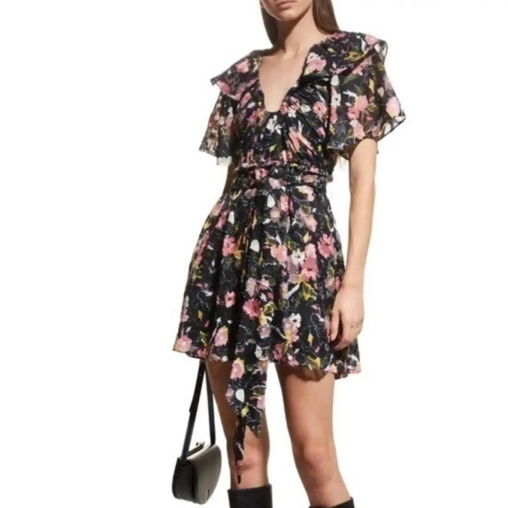 Taylor Black and Pink Ruffled Wrap Dress